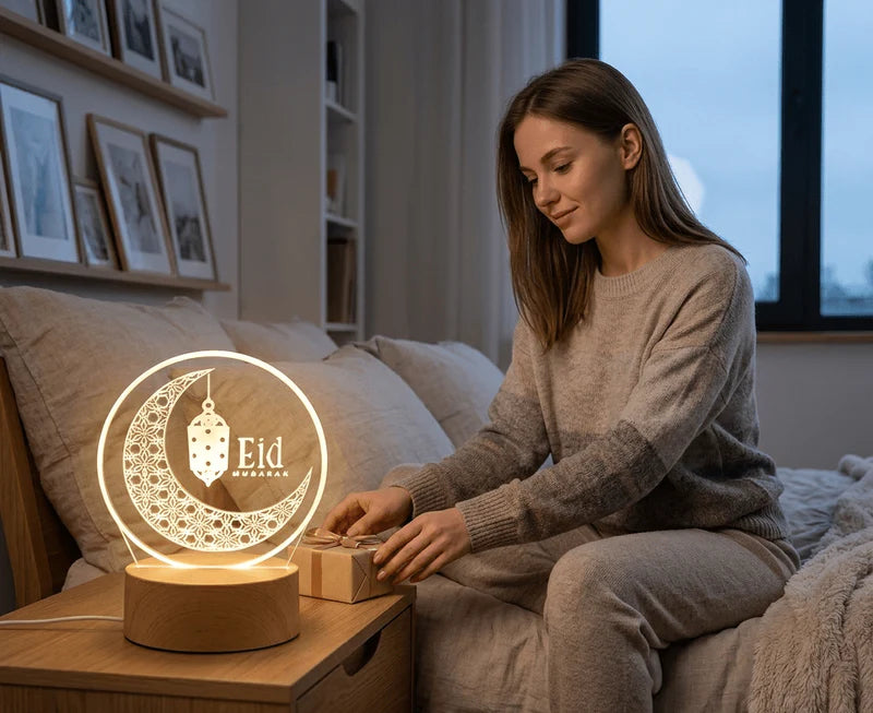 3D Eid Mubarak LED Lamp – Crescent Moon & Lantern Decorative Light