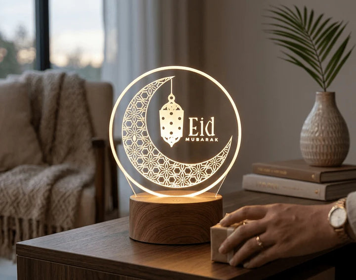 3D Eid Mubarak LED Lamp – Crescent Moon & Lantern Decorative Light