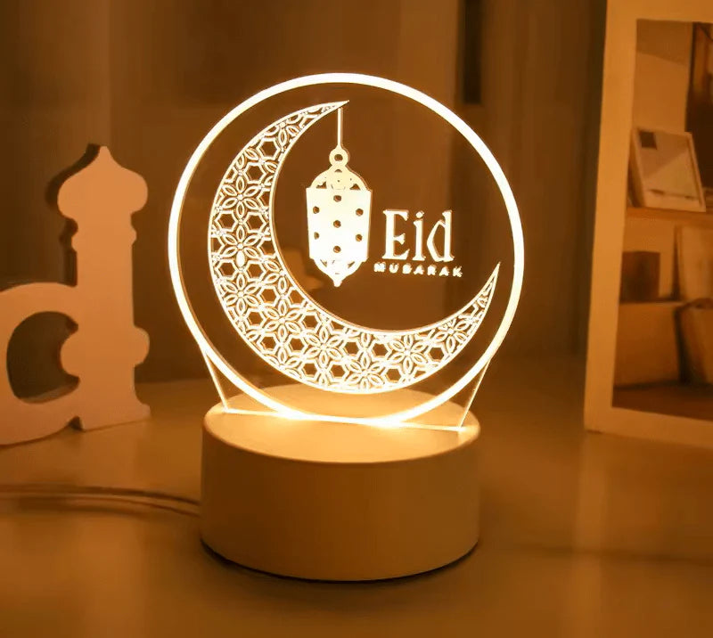 3D Eid Mubarak LED Lamp – Crescent Moon & Lantern Decorative Light