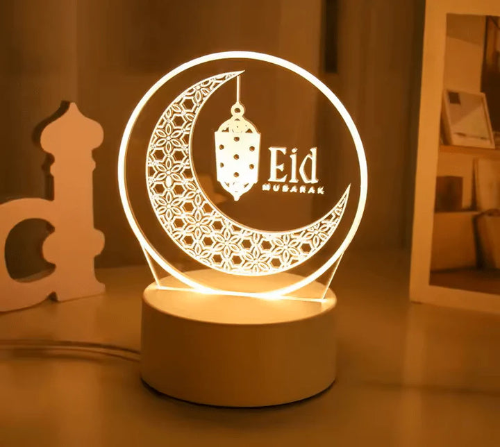 3D Eid Mubarak LED Lamp – Crescent Moon & Lantern Decorative Light