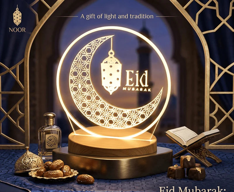 3D Eid Mubarak LED Lamp – Crescent Moon & Lantern Decorative Light
