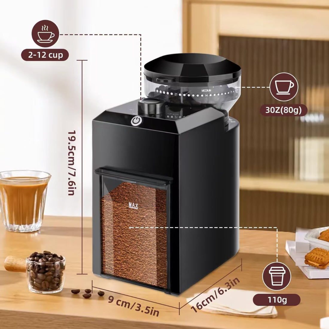 ☕ Electric Burr Coffee Grinder – 28 Grind Settings, 2–12 Cups, 110g Ground Coffee, Black ,200W