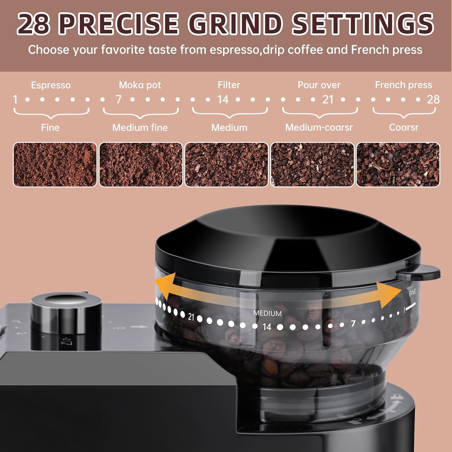 ☕ Electric Burr Coffee Grinder – 28 Grind Settings, 2–12 Cups, 110g Ground Coffee, Black ,200W