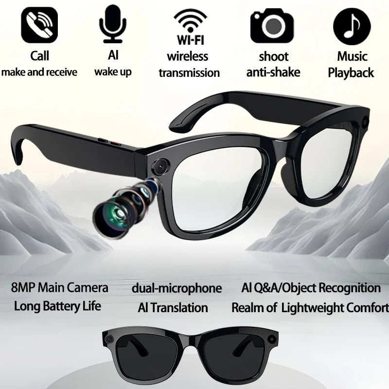 AI Smart Camera Bluetooth Glasses – 8MP HD Camera Wireless Audio Smart Eyewear