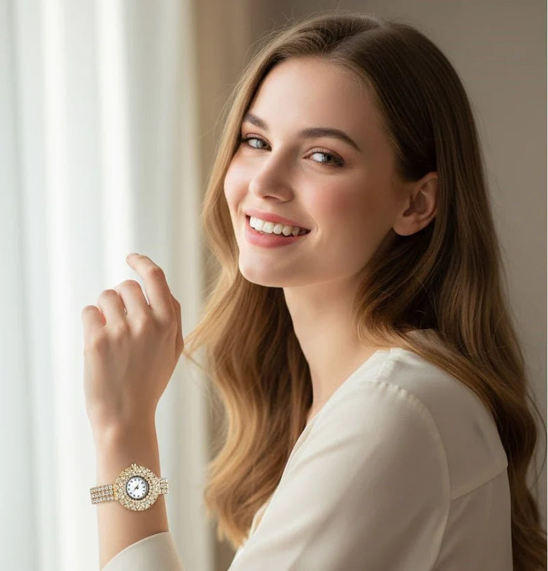 Royal Sunburst Crystal Women’s Watch – Luxury Gold Bracelet Quartz Watch