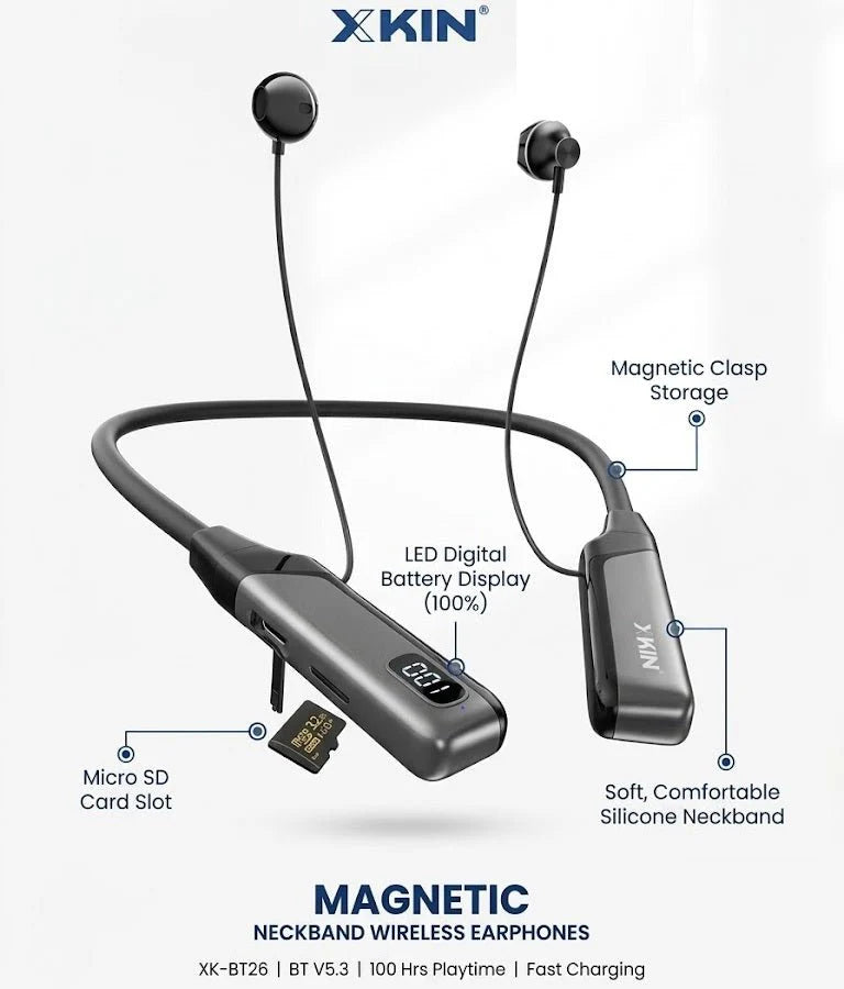 XKIN Magnetic Neckband Wireless Earphones – 100H Playtime, Bluetooth 5.3, LED Display